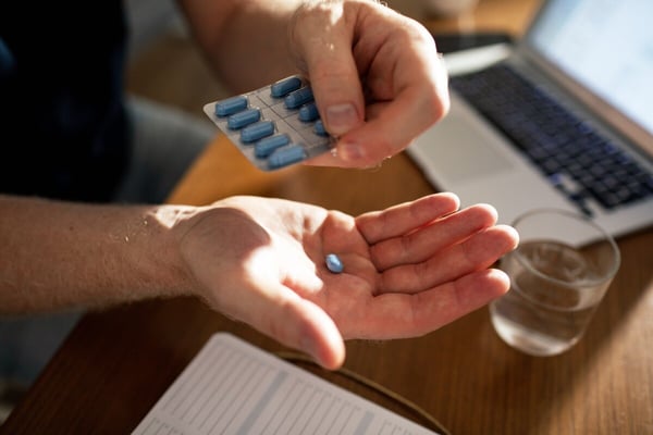 A pill in a man's hand with a glass of water in background 693084358