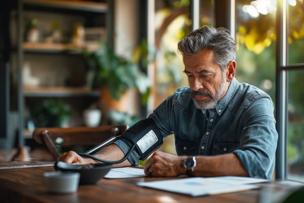 Older man takes blood pressure reading at home 803107205