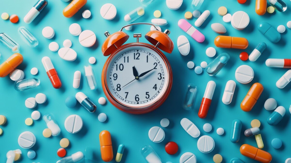 Alarm clock surrounded by pills and tablets 941021734